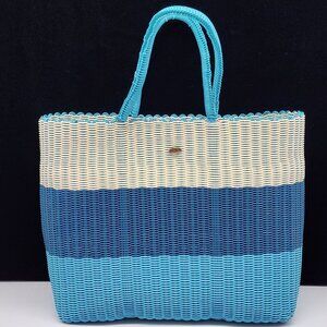 Handwoven Plastic Scala Beach Market Tote Bag Blue Beige White Large 14"x12"x6"